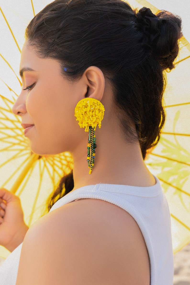 A bright Yellow Dandelion Earrings with Citrine crystal , Statement Earrings , Big Casual Earrings for Everyday Wear image 1