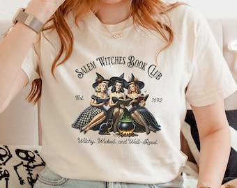 Salem Witches Book Club Shirt, Vintage Women&#39;s Halloween Shirt, Spooky Bookish Merch, Witchy Book Lover Gift, Retro Dark Academia Fall Tee