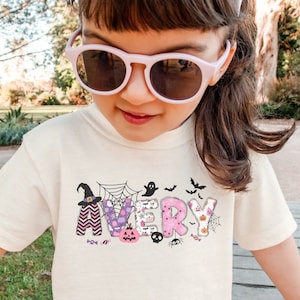 Personalized Halloween Kids Shirt, Pink Halloween Custom Name Toddler Tee, Cute Spooky Season Kids Gift, Girls Fall School Youth T-Shirt