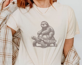 Sloth and Tortoise Shirt, Sloth Gifts, Funny Animal Lover Tshirt, Tortoise Vintage Graphic Mens Tee, Boyfriend Birthday Gift, Turtle Gifts