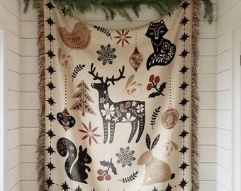 Nordic Christmas Woven Blanket, Scandinavian Folk Art Holiday Home