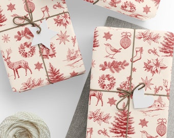 Vintage Christmas Toile de Jouy Wrapping Paper, Elegant French Country Holiday Gift Wrap, Rustic Old Fashioned Xmas Decor, Retro Winter Wrap