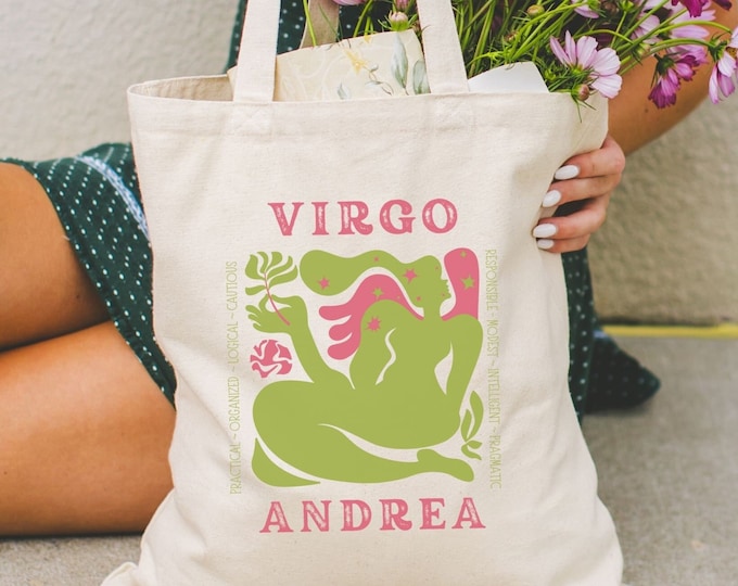 Personalized Zodiac Sign Tote Bag, Custom Zodiac Gifts, Virgo Birthday Gift, Retro Canvas Celestial Tote, Astrology Sign Gift, Witchy Tote