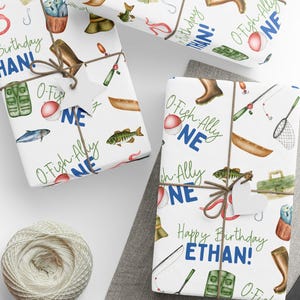 Ofishally One First Birthday Wrapping Paper, Personalized Fish Theme Party Gift Wrap, Custom Name 1st Birthday, O-Fishally-One Boy Birthday image 1