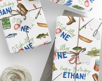 Ofishally One First Birthday Wrapping Paper, Personalized Fish Theme Party Gift Wrap, Custom Name 1st Birthday, O-Fishally-One Boy Birthday