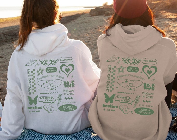 Custom Best Friend Matching Oversized Hoodie, Personalized Beach Bestie Sweatshirt, Y2K Hoodie, Gift for Best Friend, BFF Long Distance Gift