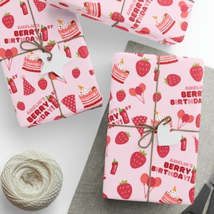 Berry First Birthday Personalized Wrapping Paper Roll, Custom Name Gift Wrap for 1st Birthday, Strawberry Themed Party Decor, Milestone Bday