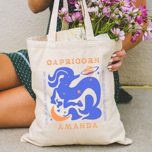 Personalized Zodiac Sign Tote Bag, Custom Zodiac Gifts, Capricorn Birthday Gift, Retro Celestial Tote, Astrology Sign Gift, Witchy Tote Bag