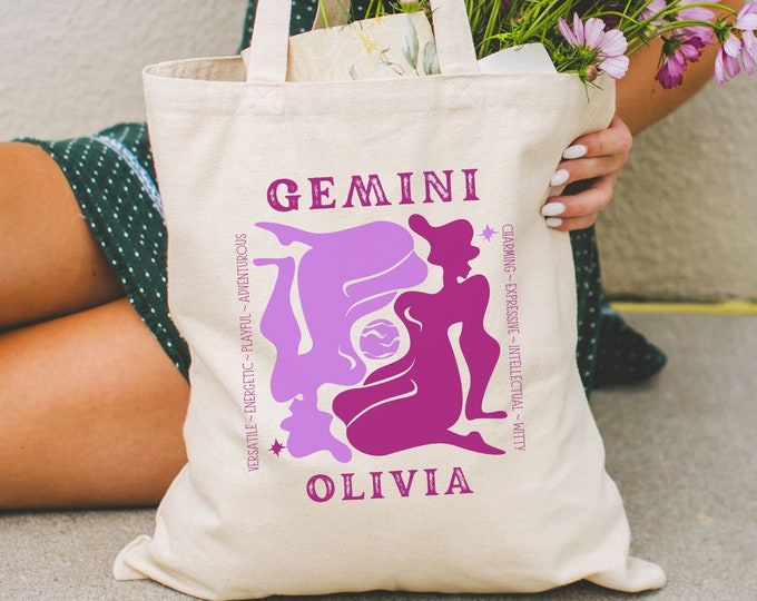 Personalized Zodiac Sign Tote Bag, Custom Zodiac Gifts, Gemini Birthday Gift, Retro Canvas Celestial Tote, Astrology Sign Gift, Witchy Tote