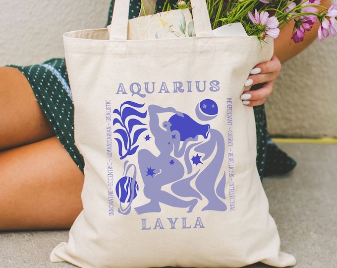 Personalized Zodiac Sign Tote Bag, Custom Zodiac Gifts, Aquarius Birthday Gift, Retro Canvas Celestial Tote, Astrology Sign Witchy Tote Bag