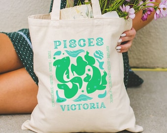 Personalized Zodiac Sign Tote Bag, Custom Zodiac Gifts, Pisces Birthday Gift, Retro Canvas Celestial Tote, Astrology Sign Gift, Witchy Tote