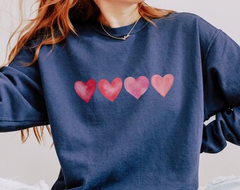 Valentines Comfort Colors® Sweatshirt, Retro Watercolor Hearts Crewneck, Trendy Women's Love Shirt, Cute Gift for Girlfriend, Galentine Gift