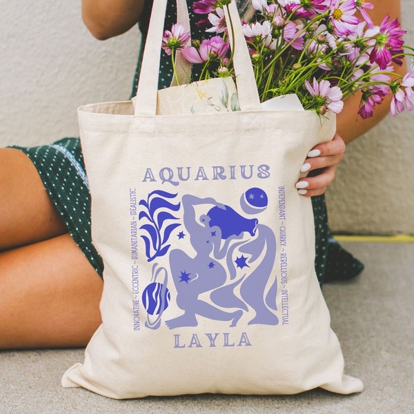 Personalized Zodiac Sign Tote Bag, Custom Zodiac Gifts, Aquarius Birthday Gift, Retro Canvas Celestial Tote, Astrology Sign Witchy Tote Bag