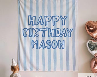 Personalized Happy Birthday Tapestry Banner, Striped Backdrop Party Decor Sign