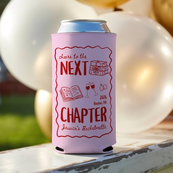 Personalized Next Chapter Bachelorette Can Cooler, Book Themed Bach Drink Sleeve, Custom Slim Can Cover, Bridal Party Favors