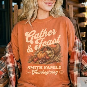 Retro Custom Family Thanksgiving Shirts, Gather and Feast Comfort Colors® Matching Group Tee, Fall Harvest Cornucopia T-shirt
