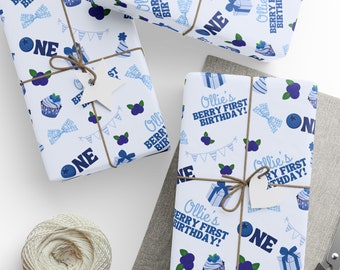 Blueberry First Birthday Custom Name Wrapping Paper, Berry 1st