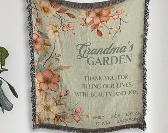 Personalized Grandma's Garden Woven Blanket with Grandkids Names, Custom Gift for Nana, Mother's Day Gift for Grandmother, Floral Tapestry