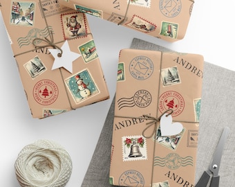 Personalized Christmas Wrapping Paper Roll, Vintage Style Holiday Custom Gift Wrap, Retro North Pole Santa Mail Stamp Xmas Wrap with Name
