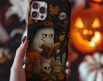 Faux Embroidery Halloween Phone Case, Bookish Ghost Phone Cover, iPhone 16 15 14 13 12 11 Pro Max Tough Case, Google Pixel, Samsung Galaxy