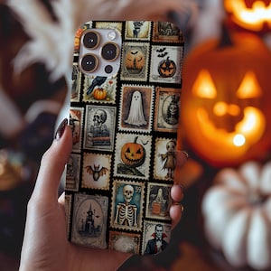 May include: A smartphone case featuring a collage of vintage-style postage stamps with Halloween imagery, including skeletons, ghosts, pumpkins, bats, and a vampire, all set against a black background with a grid-like layout.