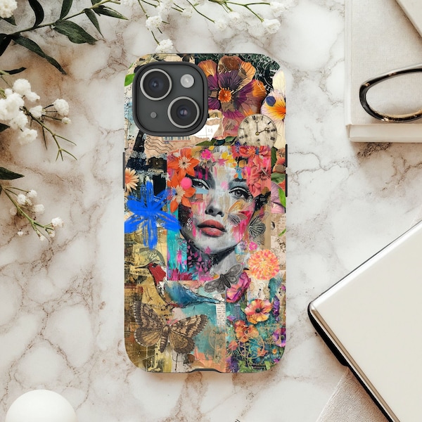 Mixed Media Collage Phone Case, Grunge Phone Case, Cover for iPhone 15 Pixel 8 Pro Samsung, Butterfly Floral Aesthetic Case, Teen Girl Gift