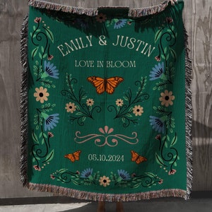 Personalized Wedding Woven Blanket, Floral Cottagecore Cotton Anniversary Blanket, Engagement Gift For Couple, Newlywed Jacquard Tapestry
