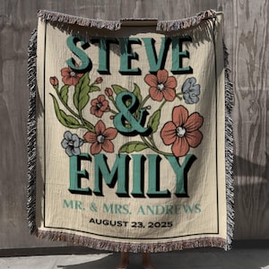 Personalized Wedding Woven Blanket, Floral Cottagecore Cotton Anniversary Blanket, Engagement Gift For Couple, Newlywed Jacquard Tapestry