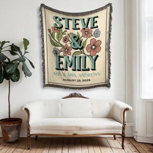 Personalized Wedding Woven Blanket, Floral Cottagecore Cotton Anniversary Blanket, Engagement Gift For Couple, Newlywed Jacquard Tapestry image 2