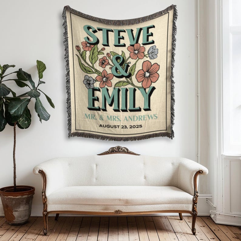 Personalized Wedding Woven Blanket, Floral Cottagecore Cotton Anniversary Blanket, Engagement Gift For Couple, Newlywed Jacquard Tapestry image 2