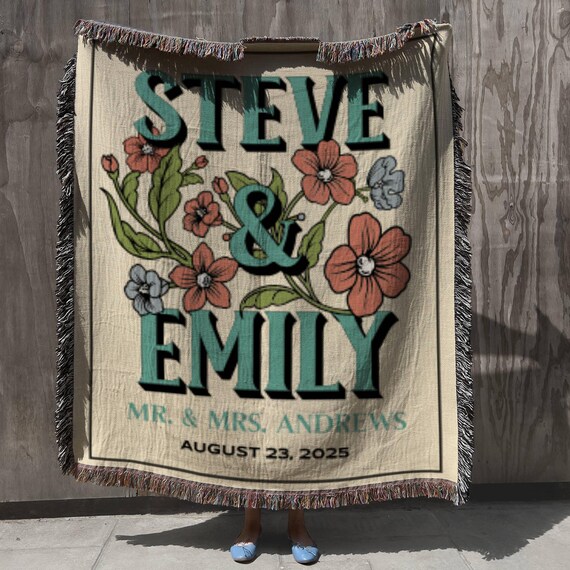 Personalized Wedding Woven Blanket, Floral Cottagecore Cotton Anniversary Blanket, Engagement Gift For Couple, Newlywed Jacquard Tapestry