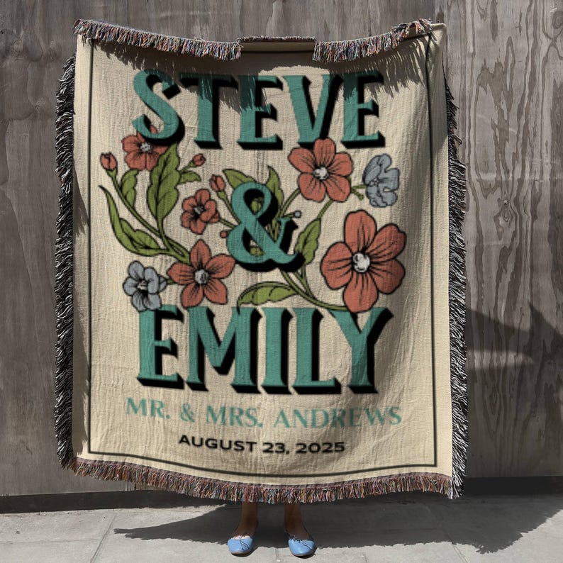 Personalized Wedding Woven Blanket, Floral Cottagecore Cotton Anniversary Blanket, Engagement Gift For Couple, Newlywed Jacquard Tapestry image 1