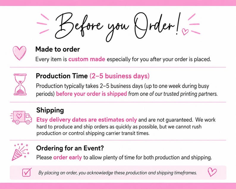 Peut inclure: Un graphique informatif intitul&eacute; Before you Order! avec des accents roses. Il liste des sections pour Made to order, Production Time, Shipping et Ordering for an Event, avec des ic&ocirc;nes comme un c&oelig;ur, un sablier, un camion et un confettis.
