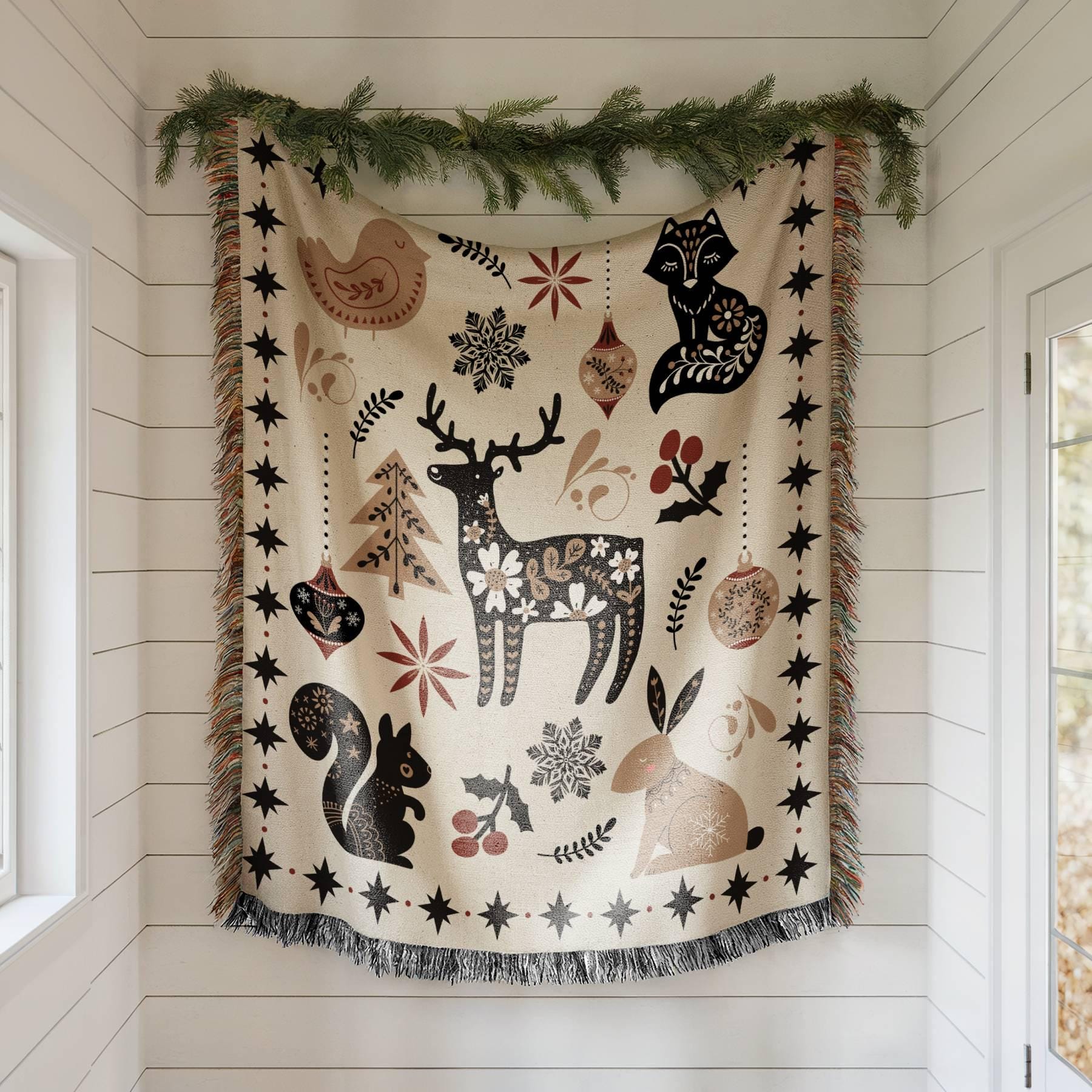Nordic Christmas Woven Blanket, Scandinavian Folk Art Holiday Home