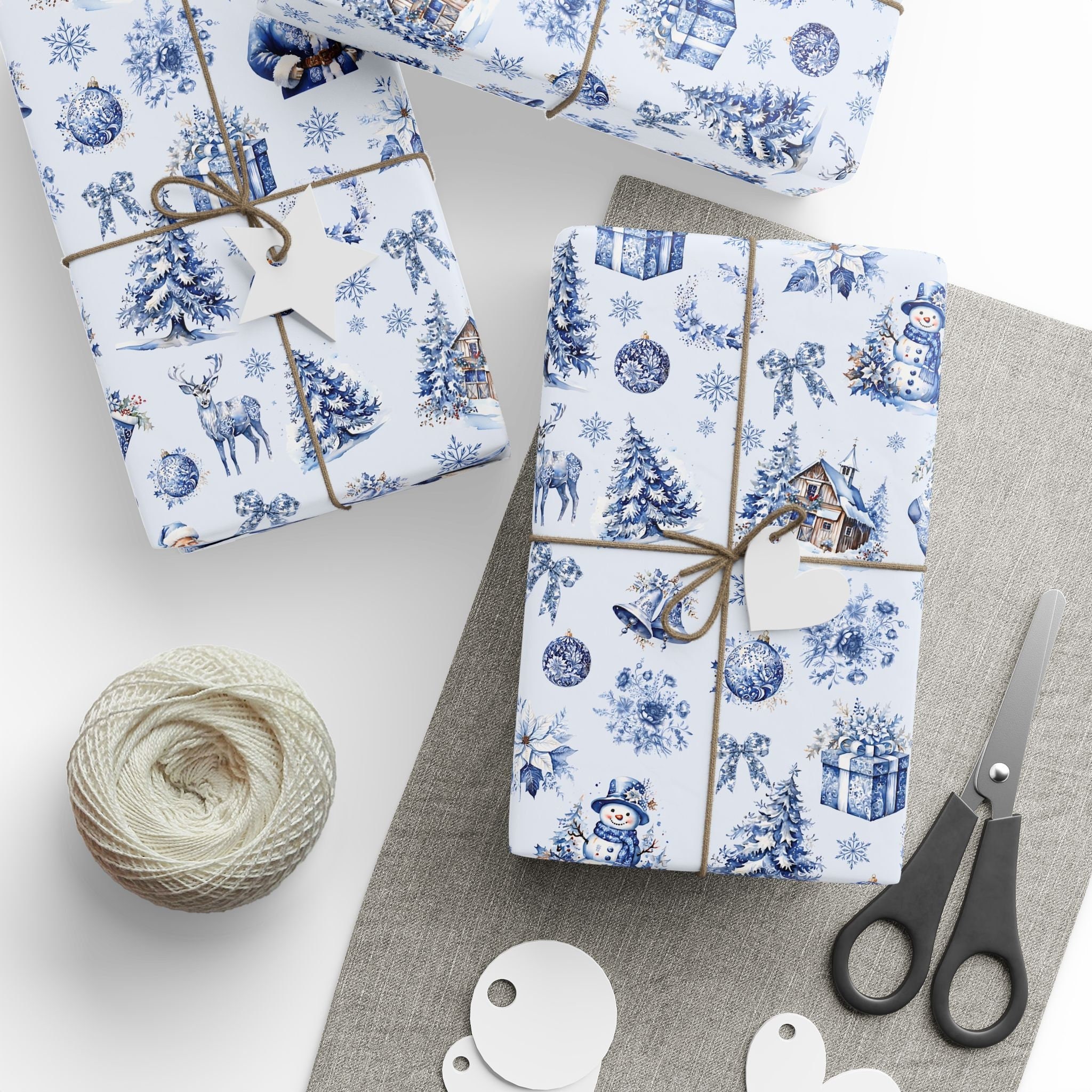 Blue Toile de Jouy Christmas Wrapping Paper Roll, Vintage Santa Chinoiserie Winter Holiday Gift Wrap, Elegant Retro Christmas Decor Paper