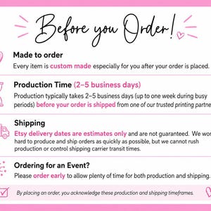 K&ouml;nnte beinhalten: Eine informative Grafik mit dem Titel Before you Order! und rosa Akzenten. Sie enth&auml;lt Abschnitte zu Made to order, Production Time, Shipping und Ordering for an Event mit Symbolen wie Herz, Sanduhr, Lieferwagen und Party-Popper.
