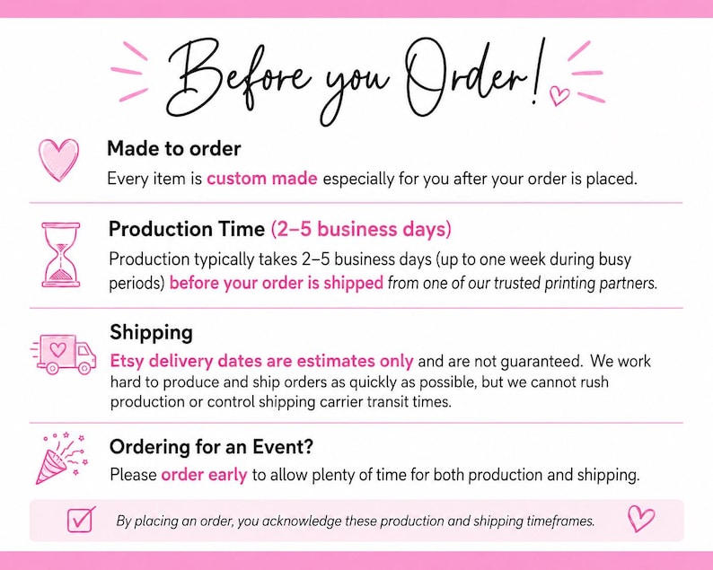 K&ouml;nnte beinhalten: Eine informative Grafik mit dem Titel Before you Order! und rosa Akzenten. Sie enth&auml;lt Abschnitte zu Made to order, Production Time, Shipping und Ordering for an Event mit Symbolen wie Herz, Sanduhr, Lieferwagen und Party-Popper.