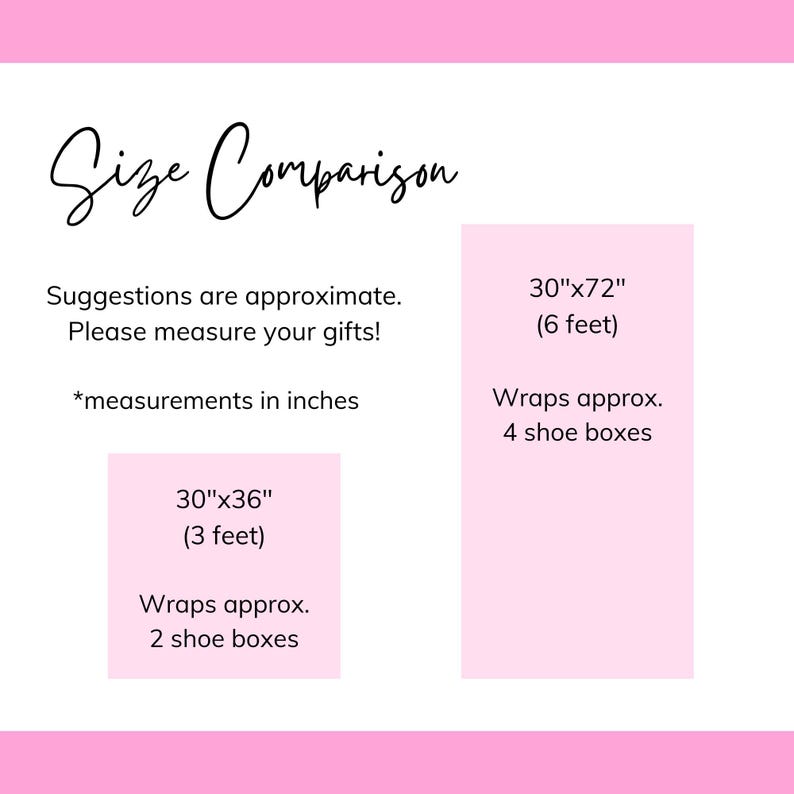 May include: Size comparison chart for wrapping paper. The chart shows two different sizes of wrapping paper, 30 inches by 36 inches and 30 inches by 72 inches. The chart also shows how many shoe boxes each size of wrapping paper can wrap.  Suggestions are approximate. Please measure your gifts! *measurements in inches
