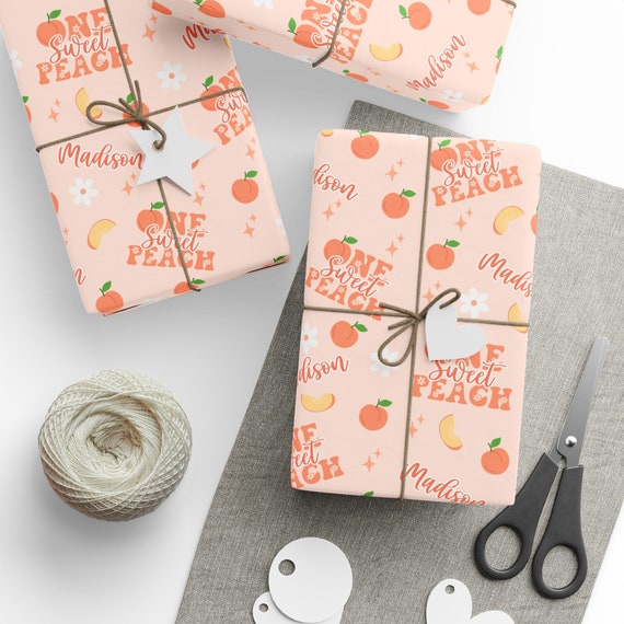 One Sweet Peach First Birthday Wrapping Paper Roll, Personalized Peach Theme 1st Birthday Gift Wrap, Custom Name Sweet One Girls Party Decor