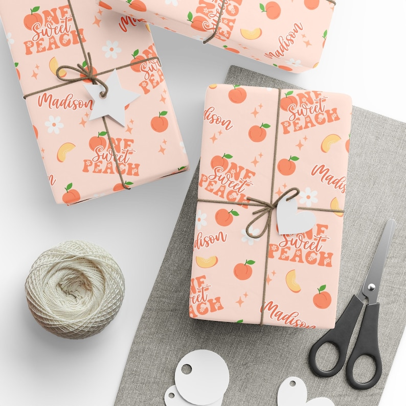 One Sweet Peach First Birthday Wrapping Paper Roll, Personalized Peach Theme 1st Birthday Gift Wrap, Custom Name Sweet One Girls Party Decor image 1