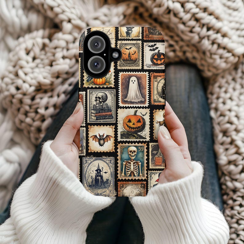 Vintage Halloween Stamp Phone Case, Spooky Gothic Phone Cover, iPhone 17 16 15 14 13 12 11 Pro Max Tough Case, Google Pixel, Samsung Galaxy image 2