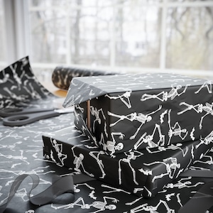 Dancing Skeletons Wrapping Paper Roll, Black Halloween Birthday Gift Wrap, Funny Spooky Season Gift, Halloween Party Decor, Gothic Gift Wrap image 5