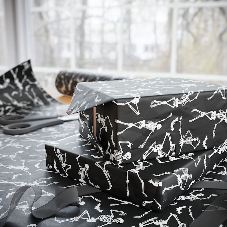 Dancing Skeletons Wrapping Paper Roll, Black Halloween Birthday Gift Wrap, Funny Spooky Season Gift, Halloween Party Decor, Gothic Gift Wrap image 5