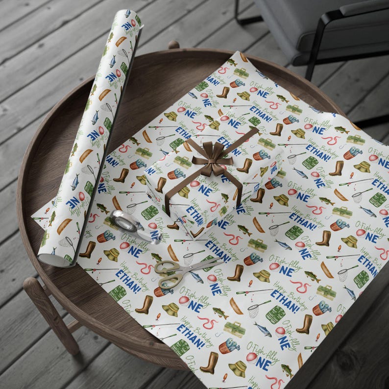 Ofishally One First Birthday Wrapping Paper, Personalized Fish Theme Party Gift Wrap, Custom Name 1st Birthday, O-Fishally-One Boy Birthday image 2