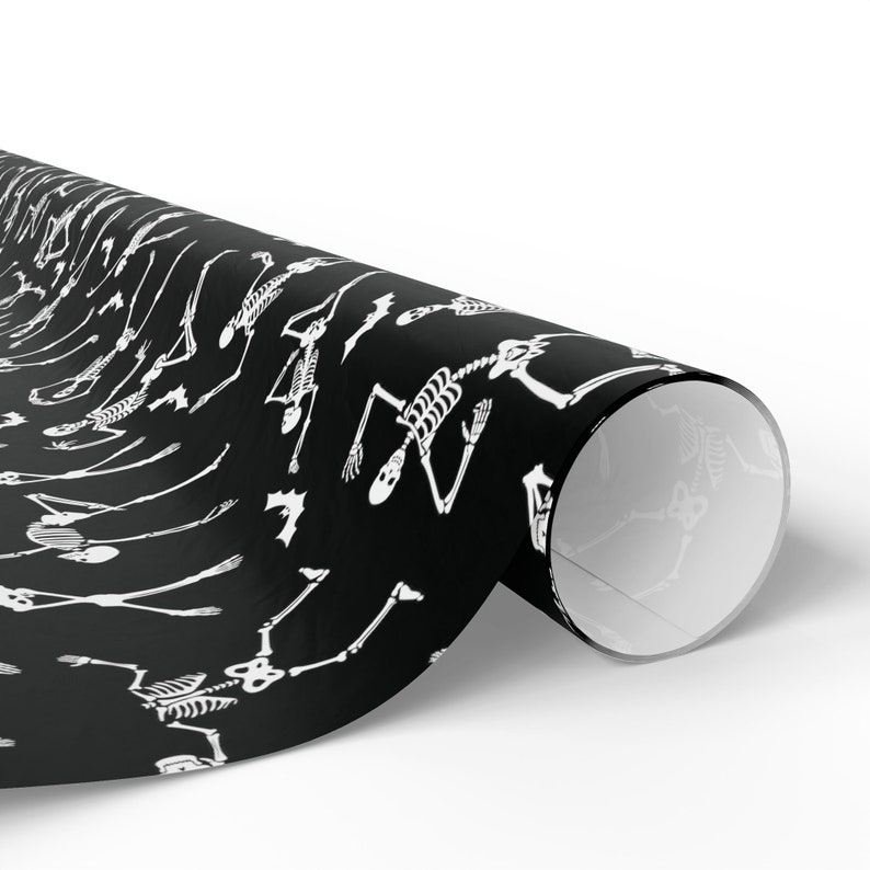 Dancing Skeletons Wrapping Paper Roll, Black Halloween Birthday Gift Wrap, Funny Spooky Season Gift, Halloween Party Decor, Gothic Gift Wrap image 3
