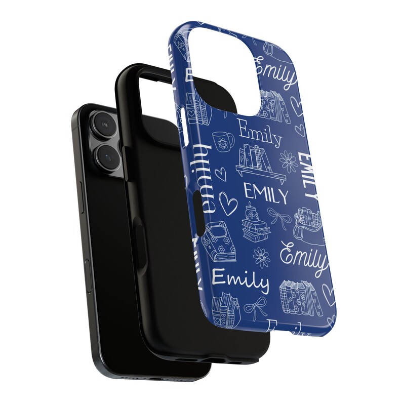 May include: A blue phone case with a white pattern of books, hearts, flowers, and the name "Emily" repeated throughout. The case is shown with a black phone and a black inner case.