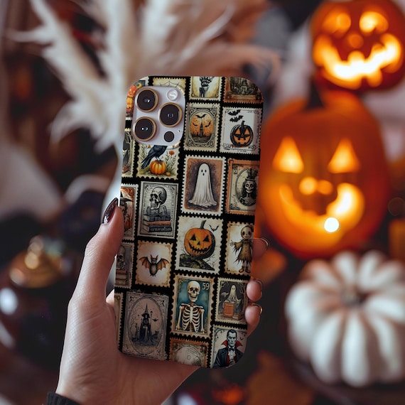 Vintage Halloween Stamp Phone Case, Spooky Gothic Phone Cover, iPhone 17 16 15 14 13 12 11 Pro Max Tough Case, Google Pixel, Samsung Galaxy