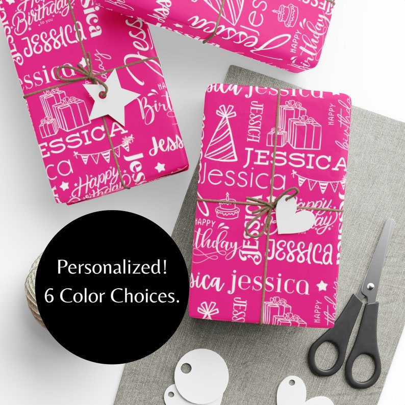 Pink personalized birthday wrapping paper roll