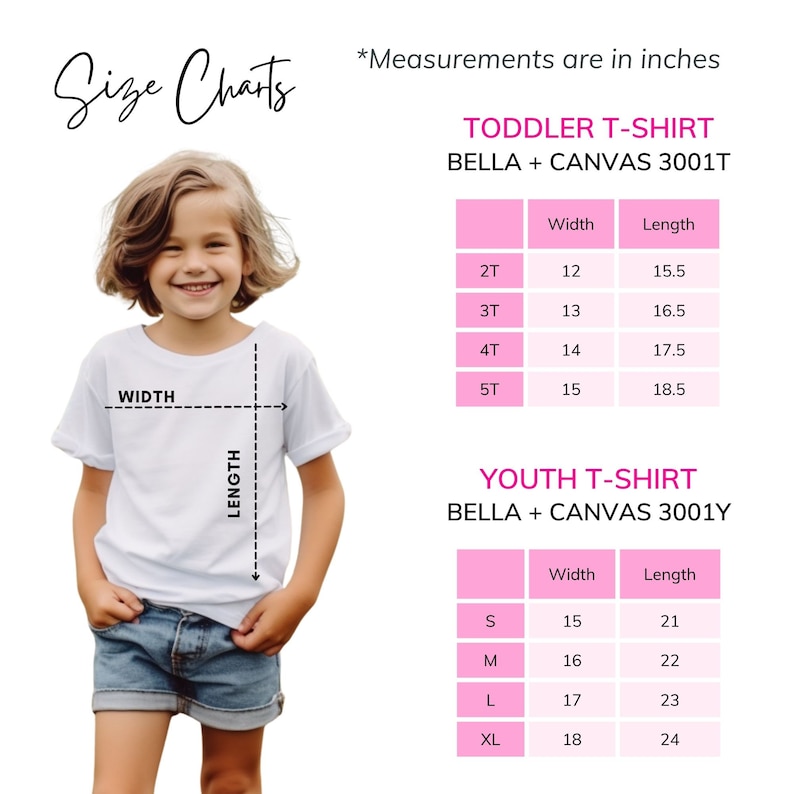 K&ouml;nnte beinhalten: Eine Gr&ouml;&szlig;entabelle f&uuml;r Bella + Canvas 3001T Kleinkind- und 3001Y Jugend-T-Shirts. Die Tabelle zeigt Breiten- und L&auml;ngenma&szlig;e in Zoll f&uuml;r die Gr&ouml;&szlig;en 2T bis 5T und S bis XL. Der Text enth&auml;lt Size Charts, Measurements are in inches.