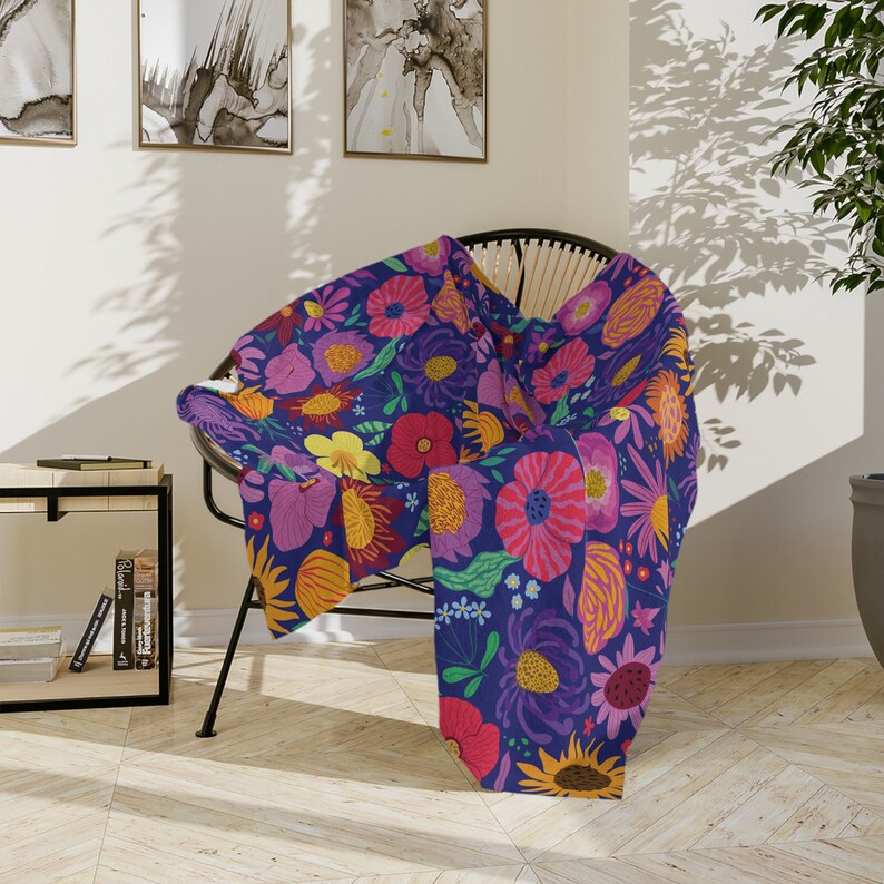 Maximalist Floral Throw Blanket, Dopamine Decor Bold Wildflowers Print Minky Fleece, Boho Cottagecore Mother's Day Gift, Dorm Room Teen Gift image 4